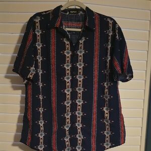 Navy Short-Sleeve Patterned Casual Button-Down Shirt
